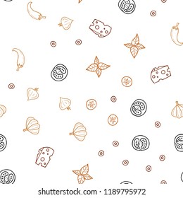 Dark Orange vector seamless pattern with fresh ingredients. Blurred decorative design of snacks in doodle style. Pattern for ad, booklets, leaflets of restaurants.