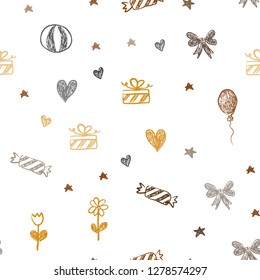 Dark Orange vector seamless pattern in christmas style. Abstract illustration with aheart, baloon, candy, gift, star, ribbon. Design for holiday adverts.