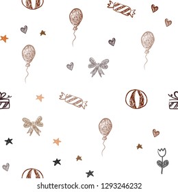 Dark Orange vector seamless pattern in christmas style. Illustration with a colorfulheart, baloon, candy, gift, star, ribbon. Design for holiday adverts.