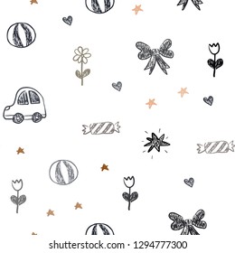 Dark Orange vector seamless pattern with christmas toys. Illustration with a gradient toy car, heart, baloon, tulip, candy, ball. Design for holiday adverts.