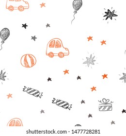 Dark Orange vector seamless pattern in christmas style. Colorful illustration with a toy car, baloon, candy, star, ball. Design for colorful commercials.