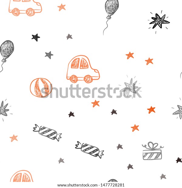 Dark Orange vector seamless pattern\
in christmas style. Colorful illustration with a toy car, baloon,\
candy, star, ball. Design for colorful\
commercials.