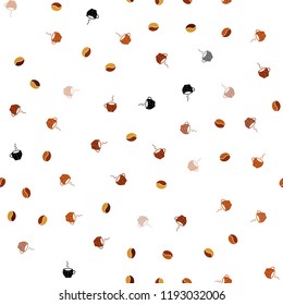 Dark Orange vector seamless template with cups of coffee, beans. Decorative gradient design of coffee cups and beans. Template of a black hot beverage in a cafe.