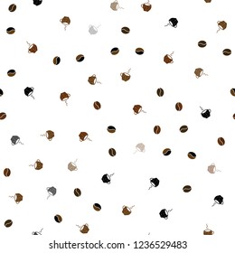 Dark Orange vector seamless template with cups of coffee, beans. Gradient illustration with coffee beans, tea cups. Pattern for ads of breakfast, lunch, dinner.