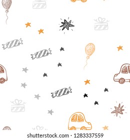 Dark Orange vector seamless template in carnival style. Abstract illustration with a toy car, baloon, candy, star, ball. Pattern for new year ads.