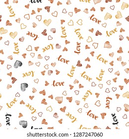 Dark Orange vector seamless template with text LOVE YOU, hearts. Illustration with phrase LOVE YOU, hearts for valentine's day. Design for textile, fabric, wallpapers.