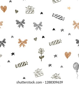Dark Orange vector seamless template in carnival style. Shining illustration with aheart, baloon, candy, gift, star, ribbon. Pattern for new year ads.