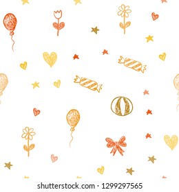 Dark Orange vector seamless template in carnival style. Shining illustration with aheart, baloon, candy, gift, star, ribbon. Pattern for birthday gifts.