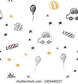 Dark Orange vector seamless template in carnival style. Illustration with a colorful toy car, baloon, candy, star, ball. Pattern for new year ads.