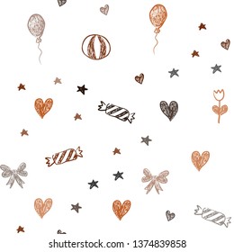 Dark Orange vector seamless template in carnival style. Colorful illustration with aheart, baloon, candy, gift, star, ribbon. Pattern for birthday gifts.
