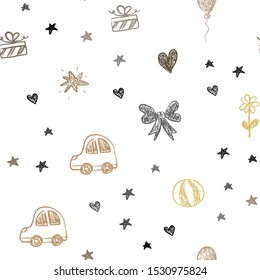Dark Orange vector seamless template with carnival elements. Design in xmas style with a toy car, heart, baloon, tulip, candy, ball. Template for new year postcards.