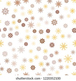 Dark Orange vector seamless texture with colored snowflakes. Glitter abstract illustration with crystals of ice. Pattern for design of window blinds, curtains.