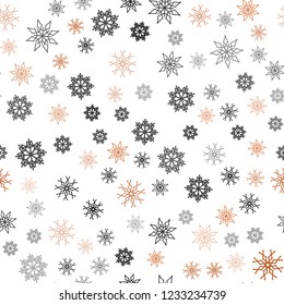 Dark Orange vector seamless texture with colored snowflakes. Shining colored illustration with snow in christmas style. Template for business cards, websites.