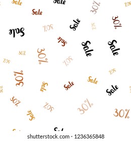 Dark Orange vector seamless texture with selling prices 30 %. Colored words of sales with gradient on white background. Backdrop for ads, leaflets of Black Friday.