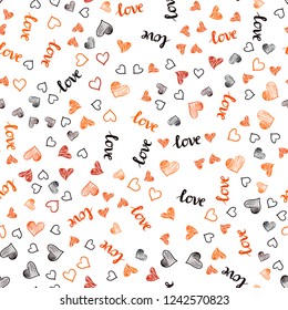 Dark Orange vector seamless texture with words LOVE YOU, hearts. Illustration with phrase LOVE YOU, hearts for valentine's day. Template for business cards, websites.
