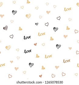 Dark Orange vector seamless texture with words LOVE, hearts. Illustration with phrase LOVE, hearts for valentine's day. Design for textile, fabric, wallpapers.
