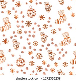 Dark Orange vector seamless texture with colored snowflakes, balls, socks, mittens. Modern geometric abstract illustration. Template for business cards, websites.