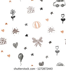 Dark Orange vector seamless texture with birthday gifts. Colorful illustration with a toy car, heart, baloon, tulip, candy, ball. Pattern for new year ads.
