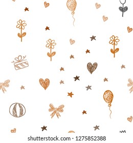 Dark Orange vector seamless texture in birthday style. Shining illustration with aheart, baloon, candy, gift, star, ribbon. Design for holiday adverts.