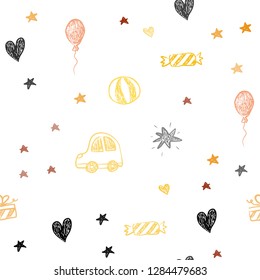 Dark Orange vector seamless texture with birthday gifts. Illustration with a gradient toy car, heart, baloon, tulip, candy, ball. Pattern for carnival, festival ads.