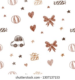 Dark Orange vector seamless texture with birthday gifts. Abstract illustration with a toy car, heart, baloon, tulip, candy, ball. Design for colorful commercials.