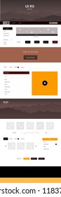 Dark Orange vector style guide with mountains. Simple Material Design Kit with colorful mountains in header. Beautiful layout for websites, landing pages.
