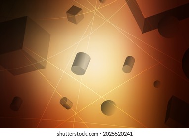 Dark Orange vector template with 3D cubes, cylinders, spheres, rectangles. Illustration with a set of geometrical shapes. Modern template for landing page.
