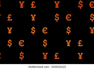 Dark orange vector template with EUR, USD, GBP, JPY. Illustration with dollar, USD, usa signs on white template. The pattern can be used for financial, investment websites.