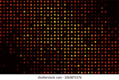 Dark Orange vector template with poker symbols. Colorful gradient with signs of hearts, spades, clubs, diamonds. Template for business cards of casinos.