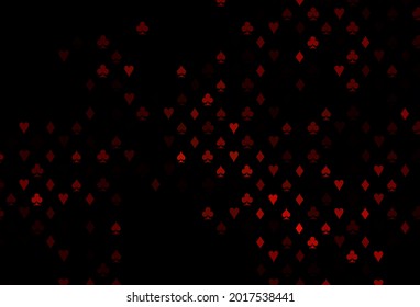 Dark orange vector template with poker symbols. Illustration with set of hearts, spades, clubs, diamonds. Template for business cards of casinos.
