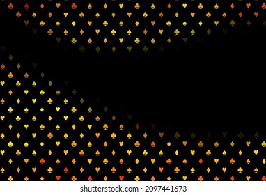 Dark orange vector template with poker symbols. Colorful gradient with signs of hearts, spades, clubs, diamonds. Template for business cards of casinos.
