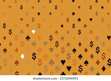 Dark orange vector template with poker symbols. Colorful gradient with signs of hearts, spades, clubs, diamonds. Design for ad, poster, banner of gambling websites.