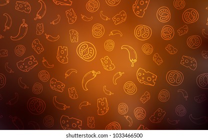 Dark Orange vector texture with delicious snacks. Blurred decorative design of snacks in doodle style. Doodle design for your business advert of cafes.
