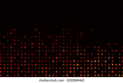 Dark Orange vector texture with playing cards. Blurred decorative design of hearts, spades, clubs, diamonds. Pattern for booklets, leaflets of gambling houses.
