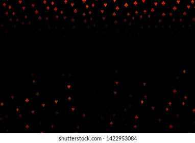 Dark Orange vector texture with playing cards. Shining illustration with hearts, spades, clubs, diamonds. Template for business cards of casinos.