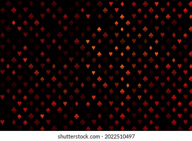 Dark orange vector texture with playing cards. Colorful gradient with signs of hearts, spades, clubs, diamonds. Pattern for booklets, leaflets of gambling houses.