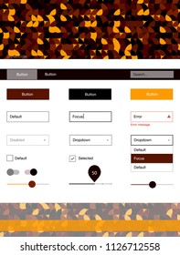 Dark Orange vector web ui kit with spheres. Simple Material Design Kit with colorful dots in header. This template you can use for websites.