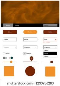Dark Orange vector web ui kit with nebula stars. Modern Style guide with colorful gradient sky in its header. This template you can use for landing pages.