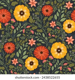 Dark orange and yellow flowers night garden allover seamless vector pattern for fashion and accessories
