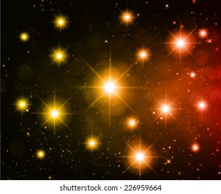 Dark orange yellow red Defocused Light, Flickering Lights, Vector abstract festive background with bokeh defocused lights. universe, galaxies, stars. 