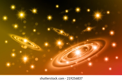 Dark orange yellow sparkling background with stars in the sky and blurry lights, illustration. Abstract, Universe, Galaxies, ring. 