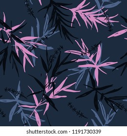 Dark oriental garden Seamless pattern vector of brush  bamboo leaves  and flower design for fashion ,fabric, wallpaper on navy blue background color