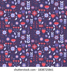 Dark ornament with geometric flowers. Nice vector seamless pattern with floral motives. Scandinavian style decor. Red and purple palette. Leaves, flowers and graphic sticks. Wallpaper or textile