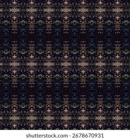 Dark ornamental repeating pattern with muted pink, green, and gold details. Rich abstract textile design. Abstract, ornamental, textile, pattern, decorative