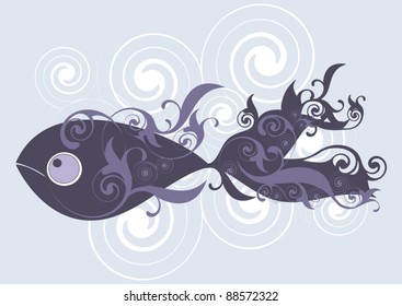 dark ornamental vector swimming fish on  background with decorative elements