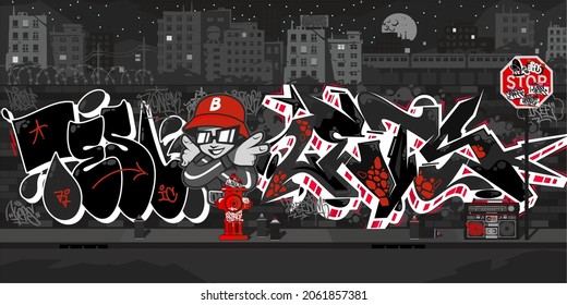 Dark Outdoor Urban Graffiti Wall With Drawings At Night Against The Background Of The Cityscape Vector Illustration Art