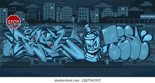 Muro De Graffiti Urbano Al Aire Libre Oscuro Con Dibujos De Noche Contra El Fondo Del Vector De La Ciudad Ilustración Arte