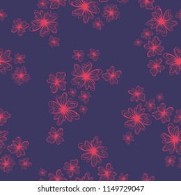 Dark outlined flower seamless vector pattern. Red floral pattern on dark blue background.