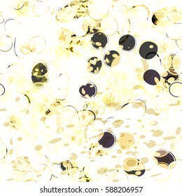 Dark ovals on light background. Transparent elements. Black, white and yellow spots. Gold seamless texture. Glow pattern