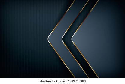 Dark overlap layers abstract background. Modern shape with light golden line element decoration. Realistic dimension design vector illustration.